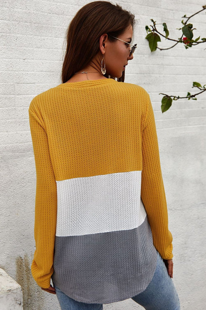 
            
                Load image into Gallery viewer, Color Block Waffle Knit V-Neck Top
            
        