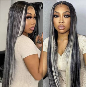 
            
                Load image into Gallery viewer, 13 x 4 Frontal Lace | Virgin Hair | Grey Highlights on Black Hair | Straight | Fashion Wig |
            
        