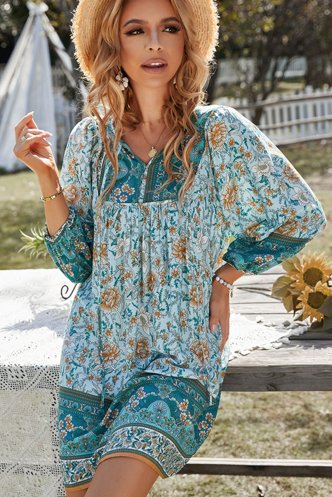 
            
                Load image into Gallery viewer, Bohemian Tie-Neck Three-Quarter Balloon Sleeve Dress
            
        