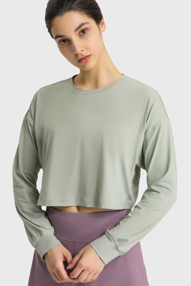 Dropped Shoulder Round Neck Cropped Sports Top