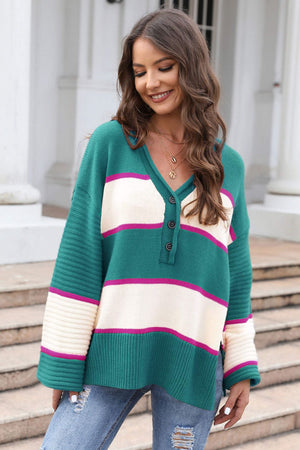 
            
                Load image into Gallery viewer, Striped Dropped Shoulder Side Slit Sweater
            
        