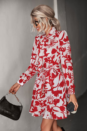 Floral Tie Neck Puff Sleeve Belted Dress