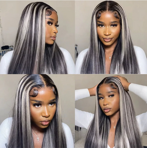 
            
                Load image into Gallery viewer, 13 x 4 Frontal Lace | Virgin Hair | Grey Highlights on Black Hair | Straight | Fashion Wig |
            
        