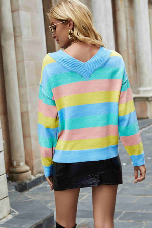 
            
                Load image into Gallery viewer, Rainbow Stripe Exposed Seam V-Neck Sweater
            
        