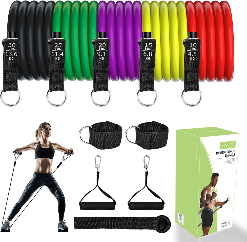 Resistance Bands Set 11pcs, Exercise Bands Fitness Workout with Wide Handles, Door Anchor, Steel Clasp, Carry Bag, Ankle Straps for Home Gym Outdoor Physical Therapy, Gym Training