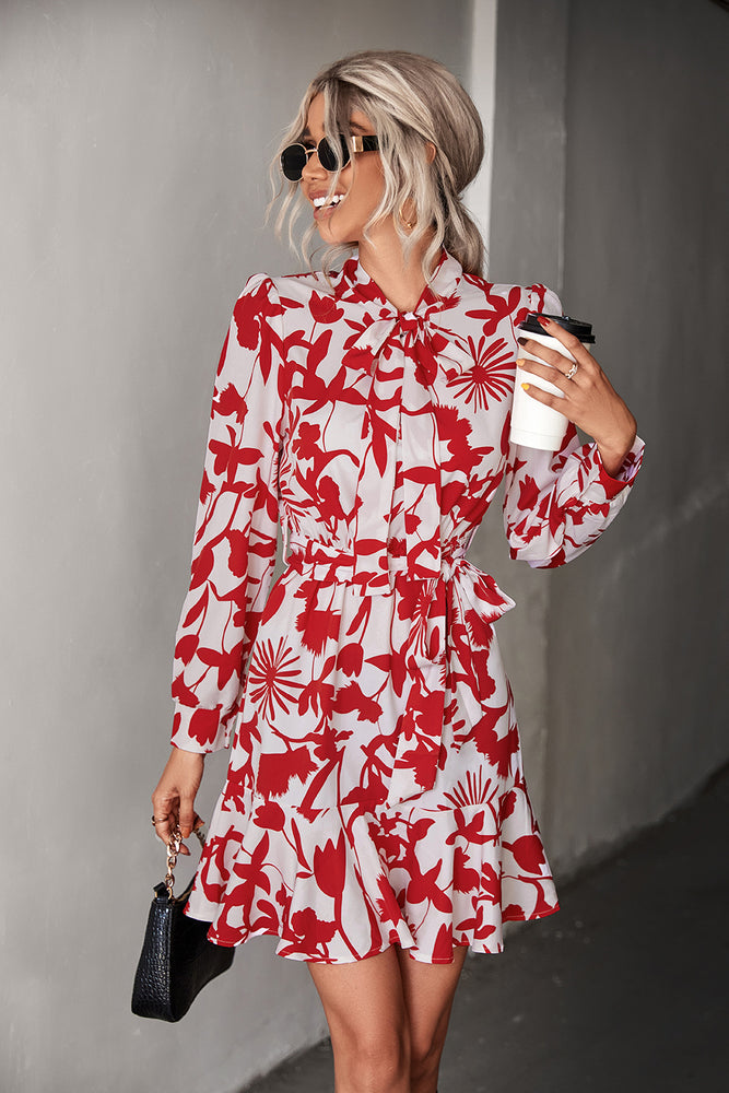 Floral Tie Neck Puff Sleeve Belted Dress