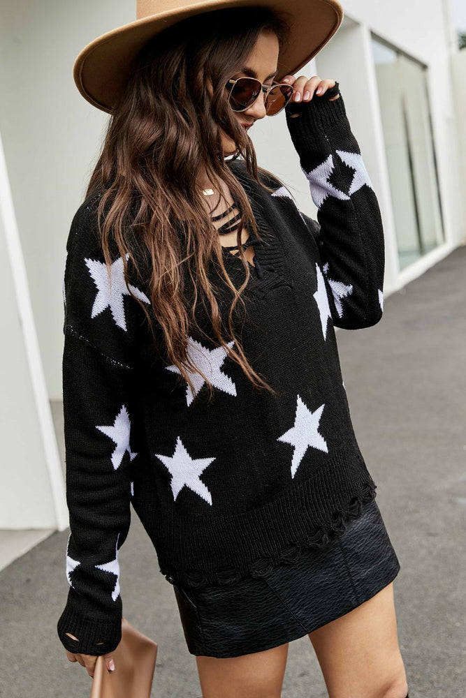 
            
                Load image into Gallery viewer, Star Pattern Lace-Up Drop Shoulder Sweater
            
        