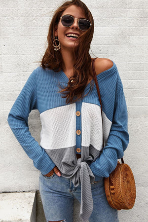
            
                Load image into Gallery viewer, Color Block Waffle Knit V-Neck Top
            
        