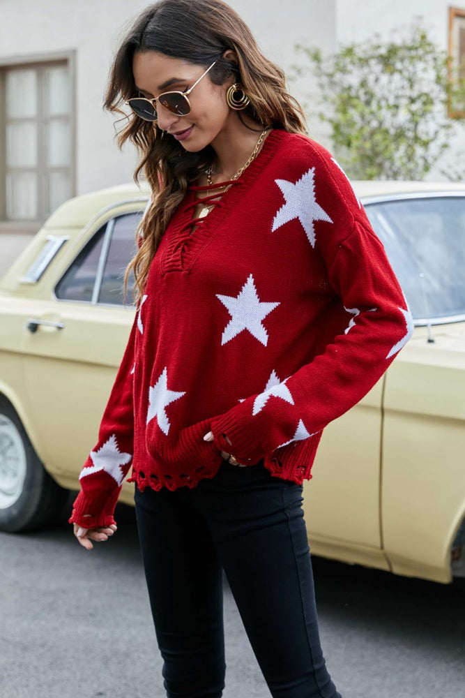 
            
                Load image into Gallery viewer, Star Pattern Lace-Up Drop Shoulder Sweater
            
        